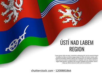 waving flag of Usti nad Labem Region is a region of Czech Republic on white background. Template for banner or poster.