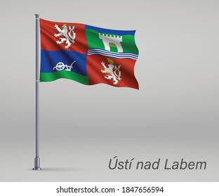 Waving flag of Usti nad Labem - region of Czech Republic  on flagpole. Template for independence day