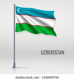 Waving flag of Uzbekistan on flagpole. Template for independence day poster design