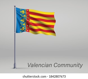 Waving flag of Valencian Community - region of Spain on flagpole. Template for independence day poster