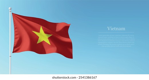Waving flag of Vietnam on a pole with a blue sky backdrop with copyspace