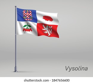 Waving flag of Vysocina - region of Czech Republic  on flagpole. Template for independence day