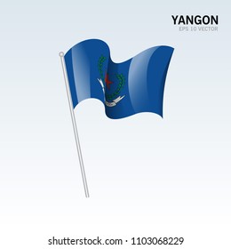 Waving flag of Yangon Districts / Regions / States of Myanmar isolated on gray background
