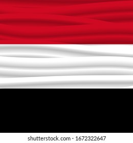 Waving flag of Yemen. Squared icon, badge or button. Yemeni national symbol. Template design, vector illustration. Background with cloth texture.