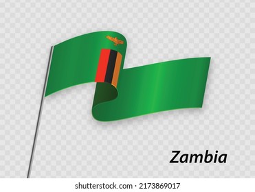 Waving flag of Zambia on flagpole. Template for independence day design