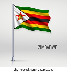 Waving flag of Zimbabwe on flagpole. Template for independence day poster design