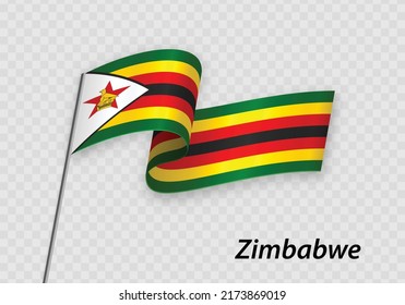 Waving flag of Zimbabwe on flagpole. Template for independence day design