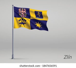 Waving flag of Zlin - region of Czech Republic  on flagpole. Template for independence day