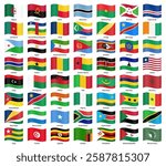 Waving flags of African Union (AU) member countries, including Nigeria, South Africa, Egypt, Kenya, Ethiopia, Ghana, Morocco, Algeria, Uganda, Tanzania, Somalia and others. Vector illustration.