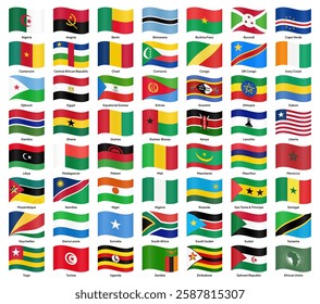 Waving flags of African Union (AU) member countries, including Nigeria, South Africa, Egypt, Kenya, Ethiopia, Ghana, Morocco, Algeria, Uganda, Tanzania, Somalia and others. Vector illustration.