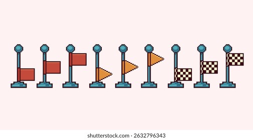 Waving flags animation pixel art set. Flagpole collection. 8 bit sprite. Game development, mobile app. Isolated vector illustration.	
