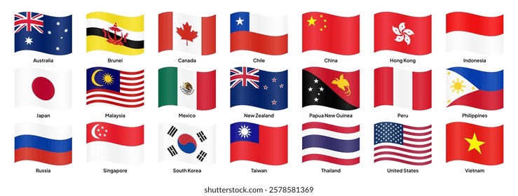 Waving flags of APEC (Asia-Pacific Economic Cooperation) members, including the USA, China, Japan, Canada, Australia, Mexico, Russia, South Korea, Malaysia, and others. Vector illustration.