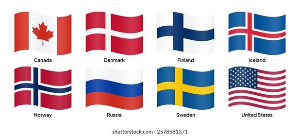 Waving flags of Arctic Council member countries, including Canada, Denmark, Finland, Iceland, Norway, Russia, Sweden, and the United States. Vector illustration.