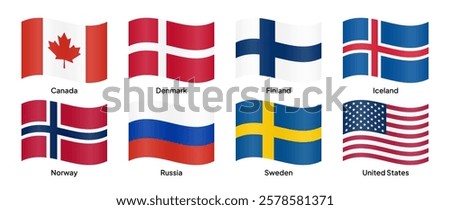 Waving flags of Arctic Council member countries, including Canada, Denmark, Finland, Iceland, Norway, Russia, Sweden, and the United States. Vector illustration.