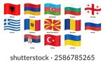 Waving flags of BSEC (Black Sea Economic Cooperation) member countries, including Albania, Armenia, Bulgaria, Greece, Romania, Russia, Serbia, Turkey, Ukraine and others. Vector illustration.