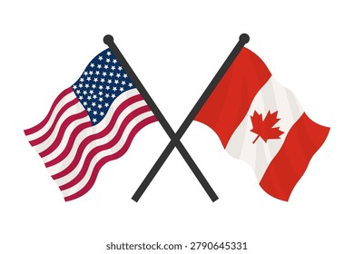Waving flags of Canada and USA crossed on white background, illustrating strong North American relations.