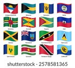 Waving flags of CARICOM (Caribbean Community) member countries, including Antigua and Barbuda, Barbados, Belize, Dominica, Grenada, Guyana, Jamaica, and others. Vector illustration.