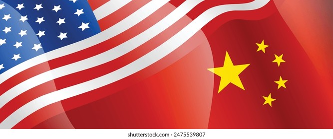 Waving Flags of China and the United States of America on the background. Crisis in relations between countries. economic war. America vs China and Trade war concept.
