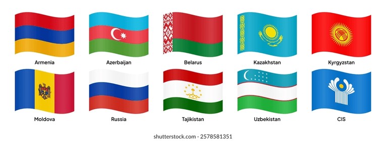 Waving flags of CIS (Commonwealth of Independent States) member countries, including Russia, Belarus, Armenia, Azerbaijan, Kazakhstan, Uzbekistan, and others. Vector illustration.