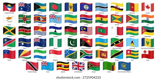 Agitando banderas de los estados miembros de la Mancomunidad de Naciones en Formas redondas, incluyendo el Reino Unido, Canadá, Australia, India, Sudáfrica, Nueva Zelanda, Malasia, Singapur, Nigeria, y otros. Ilustración vectorial