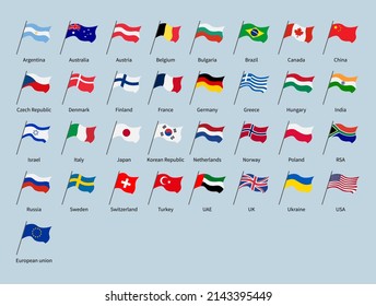 Waving flags of countries set. World flags of some different states of Europe, Asia, America, Australia and Africa. Isolated symbols of European Union, USA, Russia and other. Vector flat illustration.