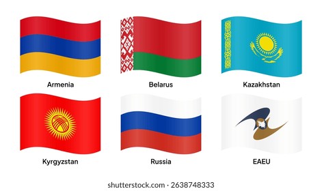 Waving flags of EAEU (Eurasian Economic Union) member countries, including Russia, Belarus, Kazakhstan, Armenia, and Kyrgyzstan. Vector illustration.