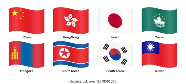 Waving flags of East Asian countries, including China, Japan, South Korea, North Korea, Taiwan, Mongolia, Hong Kong, and Macau. Vector illustration.