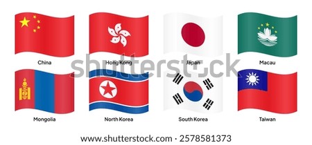 Waving flags of East Asian countries, including China, Japan, South Korea, North Korea, Taiwan, Mongolia, Hong Kong, and Macau. Vector illustration.