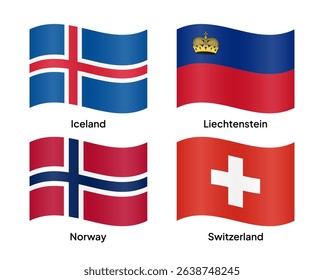 Waving flags of EFTA (European Free Trade Association) member countries, including Iceland, Liechtenstein, Norway, and Switzerland. Vector illustration.