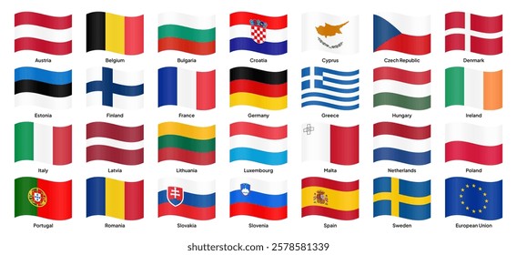 Waving flags of European Union member countries, including Germany, France, Italy, Spain, Poland, Sweden, Netherlands, Belgium, Austria, Greece, and others. Vector illustration.