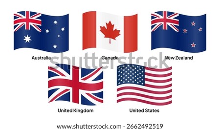 Waving flags of Five Eyes (FVEY) member countries, including the United States, United Kingdom, Canada, Australia, and New Zealand. Vector illustration.