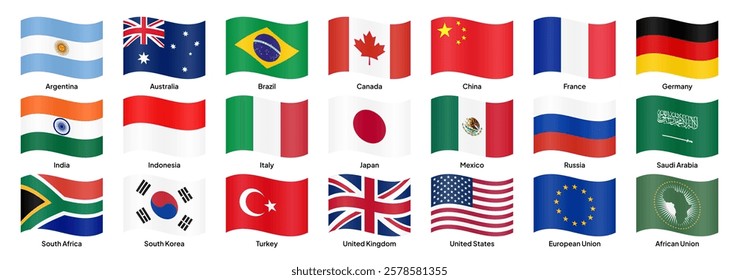 Waving flags of G20 (Group of Twenty) countries, including the USA, China, India, Japan, Germany, France, UK, Brazil, Australia, Indonesia, Saudi Arabia, and others. Vector illustration.