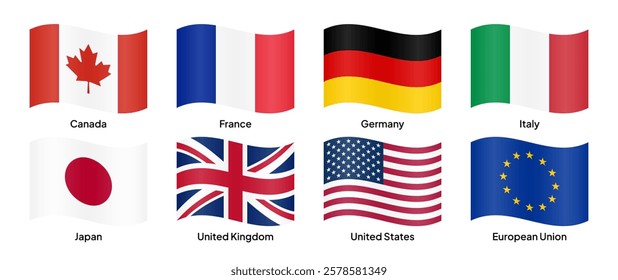 Waving flags of G7 (Group of Seven) countries, including the USA, Canada, UK, France, Germany, Italy, Japan, and the European Union (participant). Vector illustration.