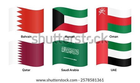 Waving flags of GCC (Gulf Cooperation Council) member countries, including Saudi Arabia, United Arab Emirates, Qatar, Kuwait, Oman, and Bahrain. Vector illustration.
