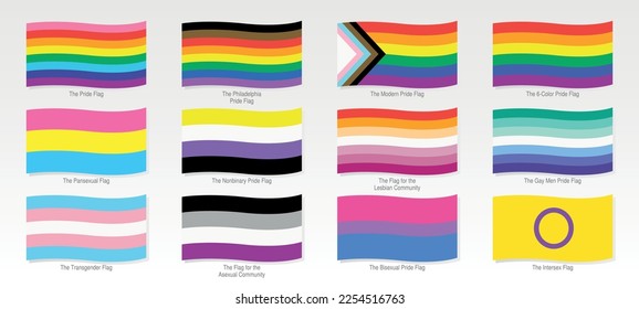 Waving flags LGBT, Pansexual, Non Binary, Lesbian, Gay, Transgender, Asexual, Bisexual, Intersex on white background. Vector image