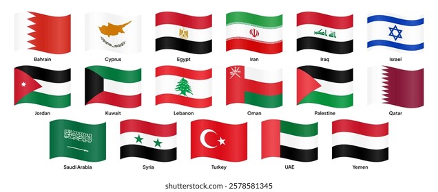 Waving flags of Middle East countries, including Saudi Arabia, UAE, Qatar, Kuwait, Oman, Bahrain, Iraq, Iran, Jordan, Lebanon, Israel, Turkey, and others. Vector illustration.