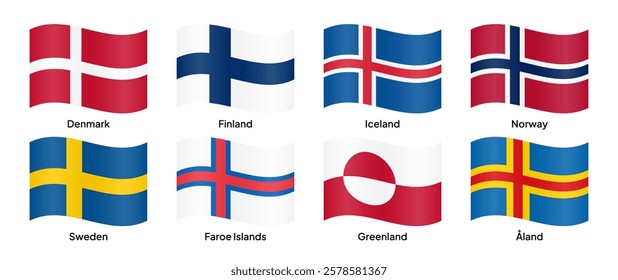 Waving flags of Nordic countries and territories, including Denmark, Sweden, Norway, Finland, Iceland, Greenland, the Faroe Islands, and Åland. Vector illustration.