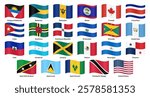 Waving flags of North American countries, including the US, Canada, Mexico, Guatemala, Cuba, Honduras, Nicaragua, El Salvador, Costa Rica, Panama, Jamaica, and others. Vector illustration.