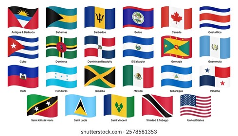 Waving flags of North American countries, including the US, Canada, Mexico, Guatemala, Cuba, Honduras, Nicaragua, El Salvador, Costa Rica, Panama, Jamaica, and others. Vector illustration.