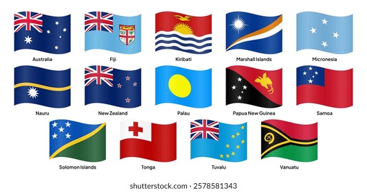 Waving flags of Oceania countries, including Australia, Fiji, Papua New Guinea, New Zealand, Samoa, Tonga, Solomon Islands, Vanuatu, Kiribati, Tuvalu, and others. Vector illustration.