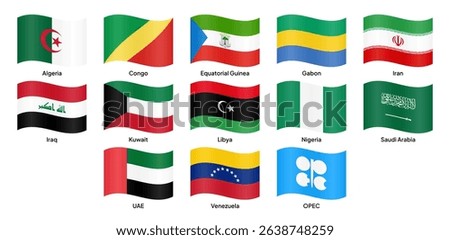 Waving flags of OPEC (Organization of the Petroleum Exporting Countries) member countries, including Saudi Arabia, Iran, Iraq, Venezuela, UAE, Kuwait, and others. Vector illustration.