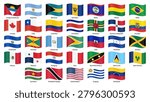 Waving flags of Organization of American States (OAS) member countries, including United States, Canada, Mexico, Brazil, Argentina, Chile, Colombia, Peru, Uruguay, Paraguay, Bolivia, Ecuador, Costa Rica, Panama, Guatemala, Jamaica, Bahamas, Barbados, Dominican Republic, Trinidad and Tobago, and others. Vector illustration.