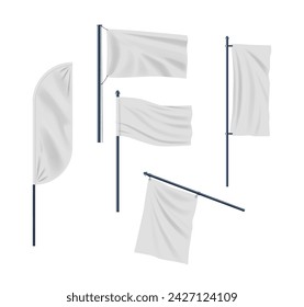 Waving Flags, Pennants, And Pennon on Poles 3d Vector Mockups. Isolated Realistic Banners Designs For Advertising