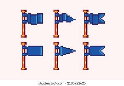 Waving flags pixel art set. Flagpole collection. 8 bit sprite. Game development, mobile app.  Isolated vector illustration.