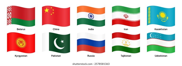 Waving flags of SCO (Shanghai Cooperation Organisation) member countries, including China, Russia, India, Iran, Belarus, Pakistan, Kazakhstan, Uzbekistan, and others. Vector illustration.