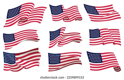 Waving flags. Set of american flags on white background. National flags waving symbols. Banner design elements