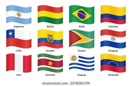 Waving flags of South American countries, including Brazil, Argentina, Colombia, Chile, Peru, Venezuela, Ecuador, Bolivia, Paraguay, Uruguay, Guyana, and Suriname. Vector illustration.