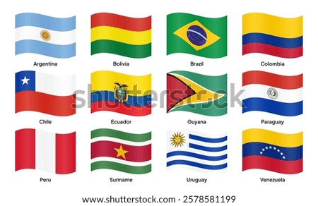 Waving flags of South American countries, including Brazil, Argentina, Colombia, Chile, Peru, Venezuela, Ecuador, Bolivia, Paraguay, Uruguay, Guyana, and Suriname. Vector illustration.