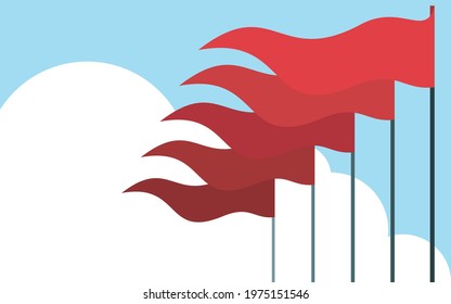 Waving flags Vector illustration with copy space One row of big fluttering pennants on flagpoles on cloudy sky background