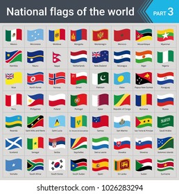 Waving flags of the world. Collection of flags - full set of national flags isolated on gray background